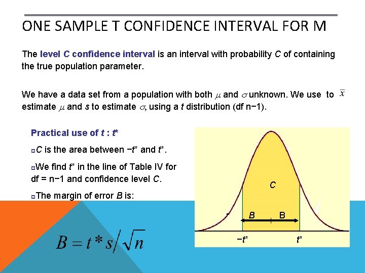 ONE SAMPLE T CONFIDENCE INTERVAL FOR Μ The level C confidence interval is an