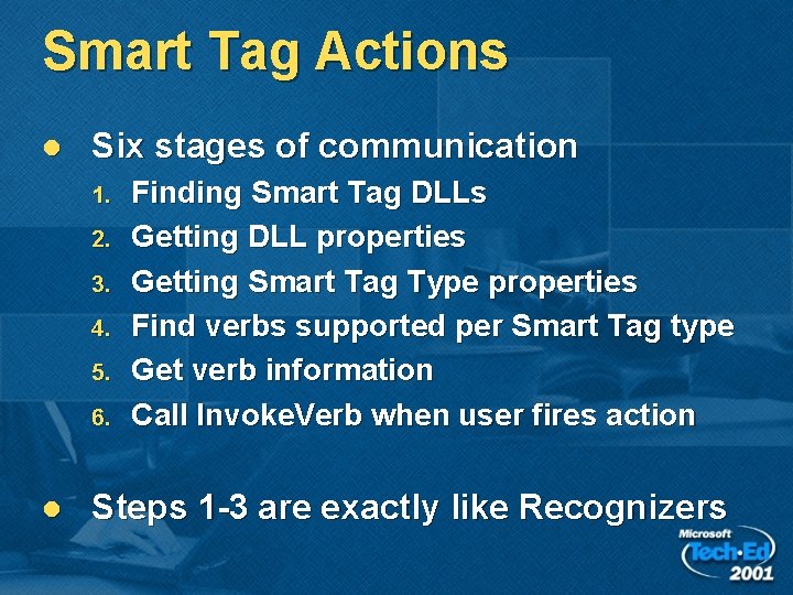 Smart Tag Actions l Six stages of communication 1. 2. 3. 4. 5. 6.