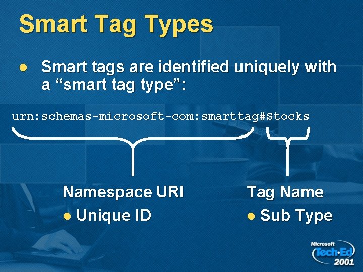 Smart Tag Types l Smart tags are identified uniquely with a “smart tag type”: