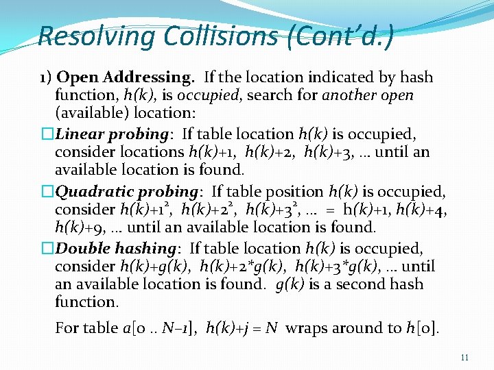 Resolving Collisions (Cont’d. ) 1) Open Addressing. If the location indicated by hash function,