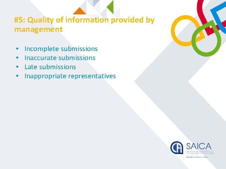 #5: Quality of information provided by management • • Incomplete submissions Inaccurate submissions Late