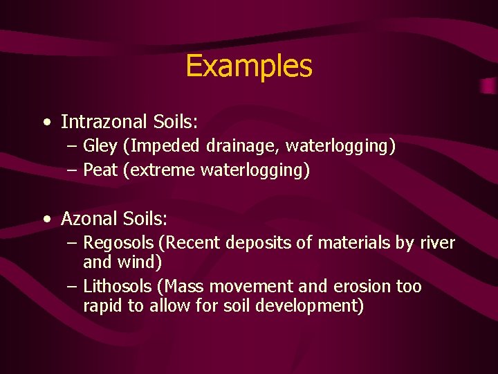 Examples • Intrazonal Soils: – Gley (Impeded drainage, waterlogging) – Peat (extreme waterlogging) •