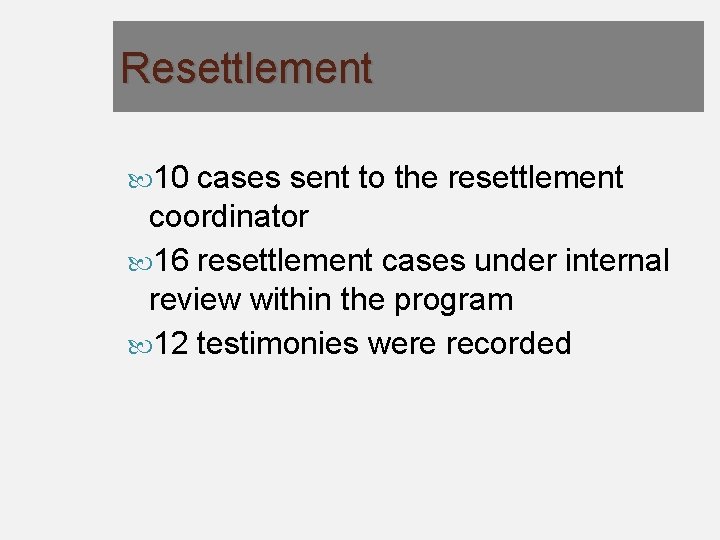 Resettlement 10 cases sent to the resettlement coordinator 16 resettlement cases under internal review