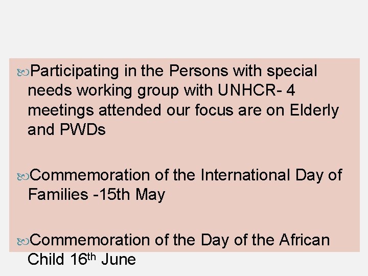  Participating in the Persons with special needs working group with UNHCR- 4 meetings
