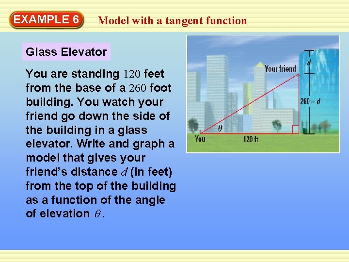 EXAMPLE 6 Model with a tangent function Glass Elevator You are standing 120 feet