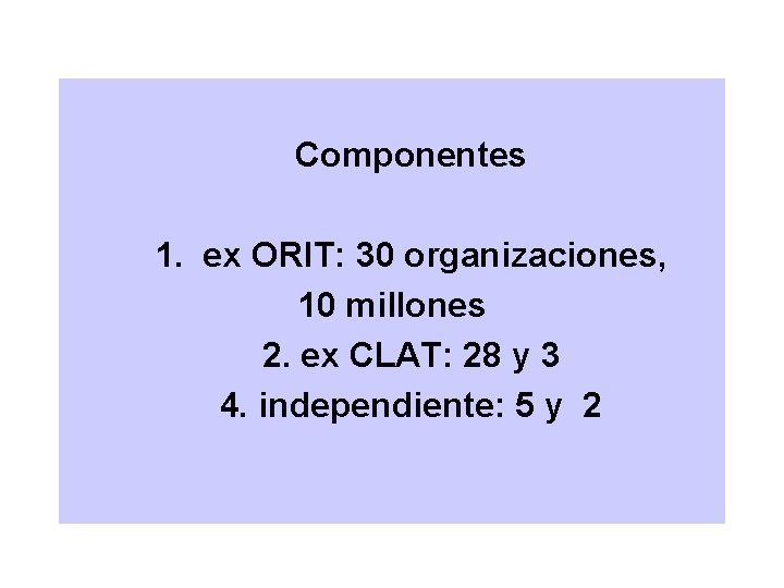 Componentes 1. ex ORIT: 30 organizaciones, 10 millones 2. ex CLAT: 28 y 3