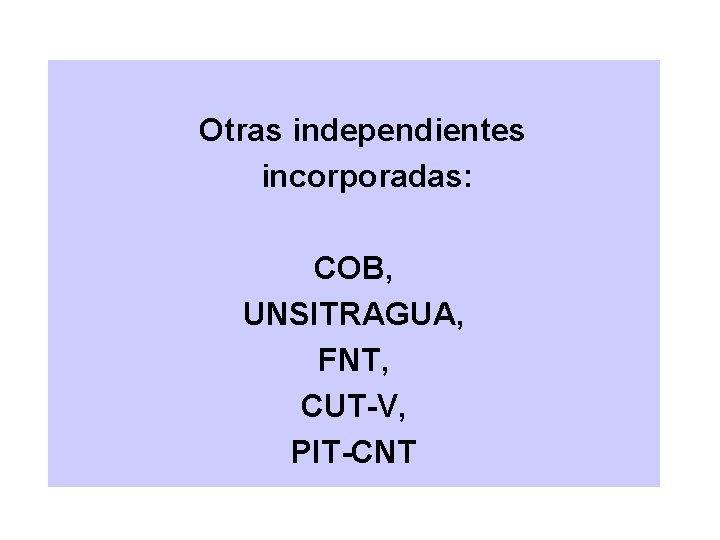 Otras independientes incorporadas: COB, UNSITRAGUA, FNT, CUT-V, PIT-CNT 