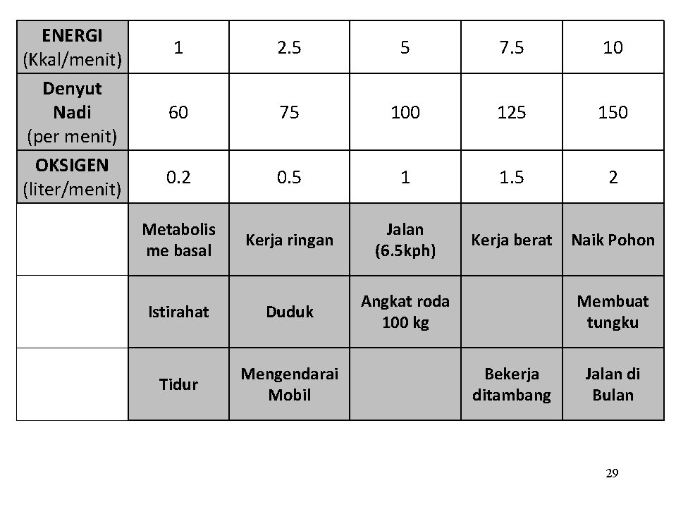 ENERGI (Kkal/menit) Denyut Nadi (per menit) OKSIGEN (liter/menit) 1 2. 5 5 7. 5
