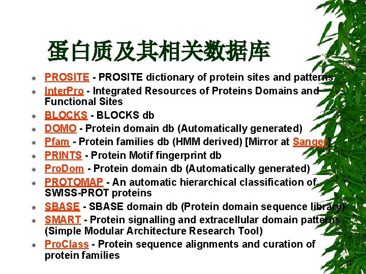 蛋白质及其相关数据库 PROSITE - PROSITE dictionary of protein sites and patterns Inter. Pro - Integrated