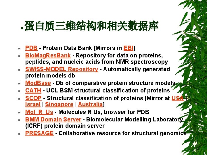 . 蛋白质三维结构和相关数据库 PDB - Protein Data Bank [Mirrors in EBI] Bio. Mag. Res. Bank