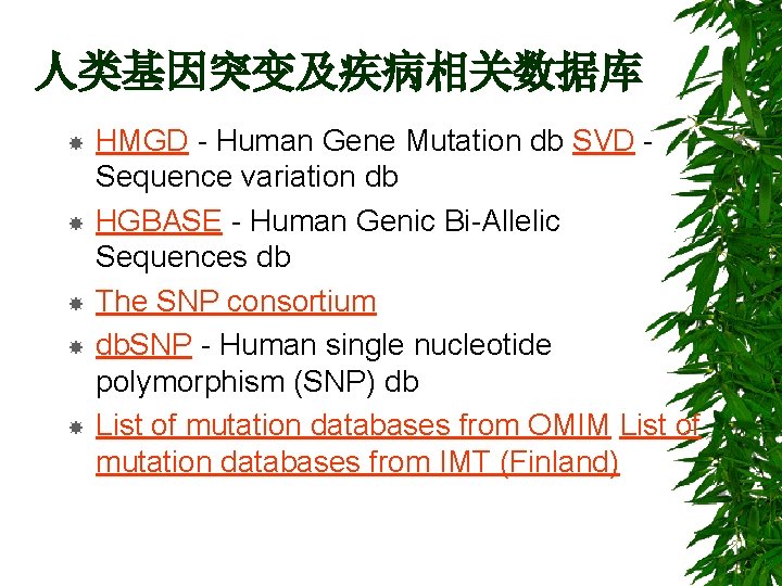 人类基因突变及疾病相关数据库 HMGD - Human Gene Mutation db SVD Sequence variation db HGBASE - Human