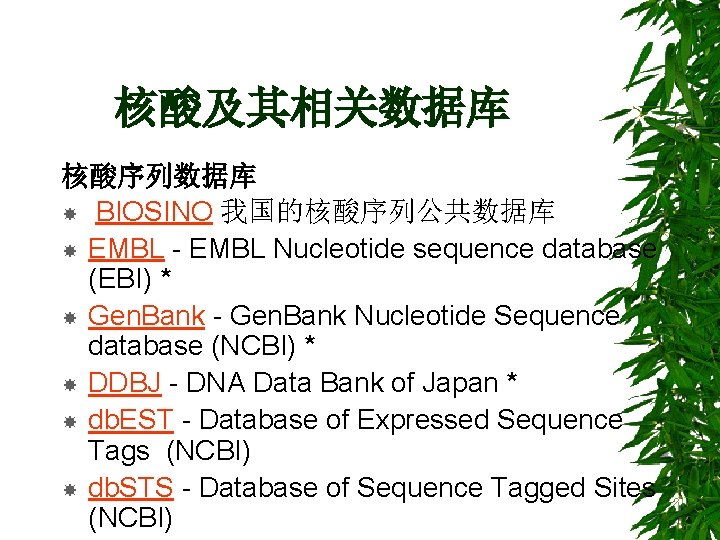 核酸及其相关数据库 核酸序列数据库 BIOSINO 我国的核酸序列公共数据库 EMBL - EMBL Nucleotide sequence database (EBI) * Gen. Bank