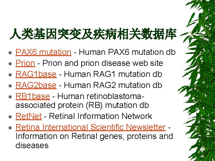 人类基因突变及疾病相关数据库 PAX 6 mutation - Human PAX 6 mutation db Prion - Prion and