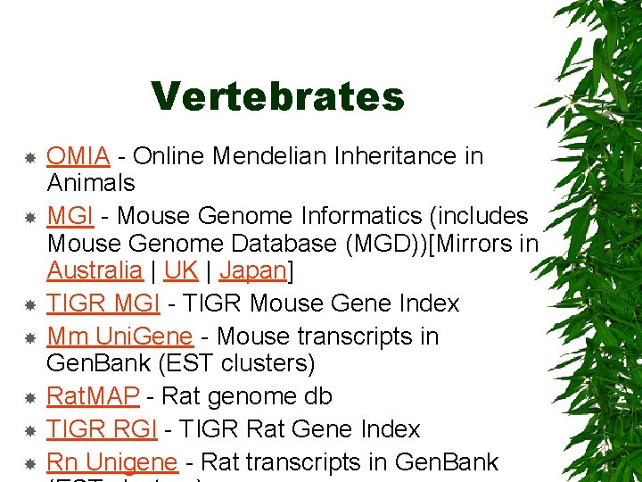 Vertebrates OMIA - Online Mendelian Inheritance in Animals MGI - Mouse Genome Informatics (includes
