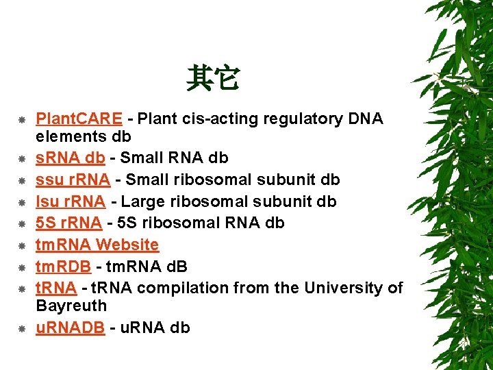 其它 Plant. CARE - Plant cis-acting regulatory DNA elements db s. RNA db -