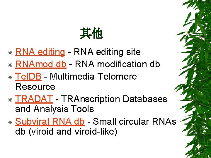 其他 RNA editing - RNA editing site RNAmod db - RNA modification db Tel.