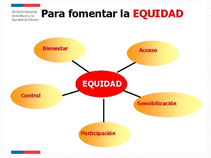 Para fomentar la EQUIDAD Bienestar Acceso EQUIDAD Control Sensibilización Participación 