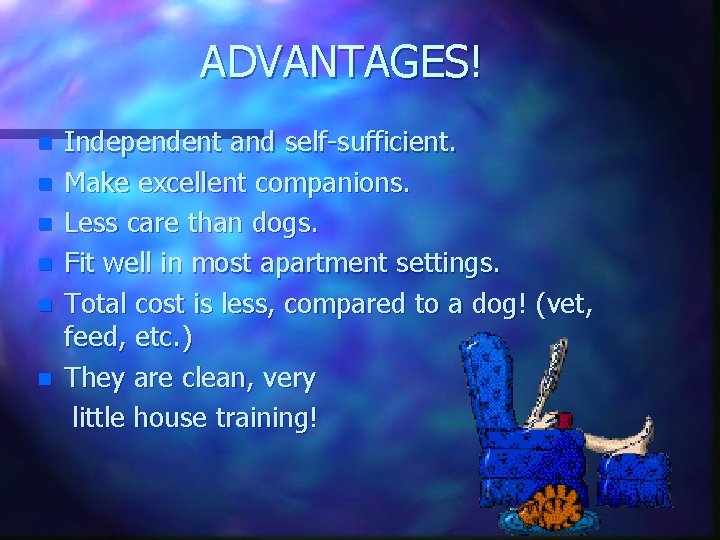 ADVANTAGES! n n n Independent and self-sufficient. Make excellent companions. Less care than dogs.