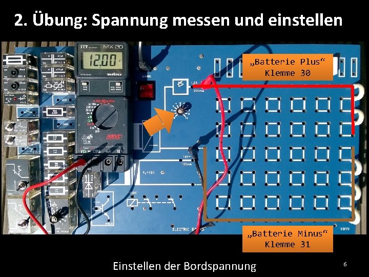 2. Übung: Spannung messen und einstellen „Batterie Plus“ Klemme 30 „Batterie Minus“ Klemme 31