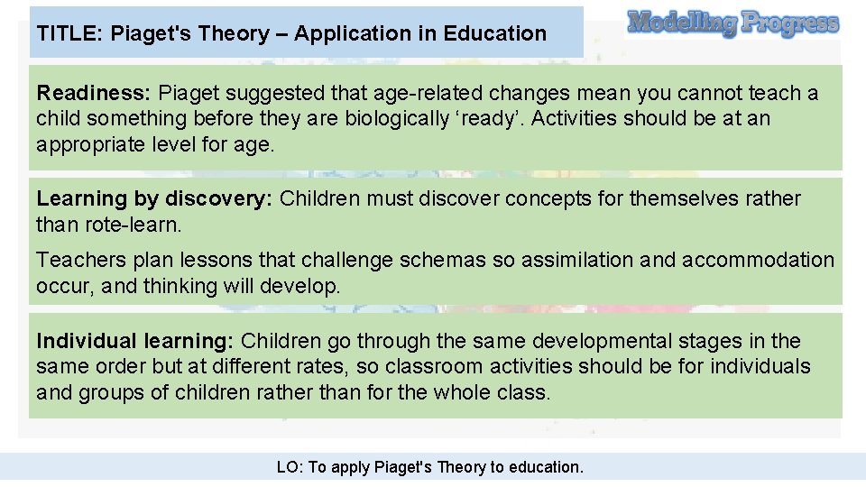TITLE: Piaget's Theory – Application in Education Readiness: Piaget suggested that age-related changes mean