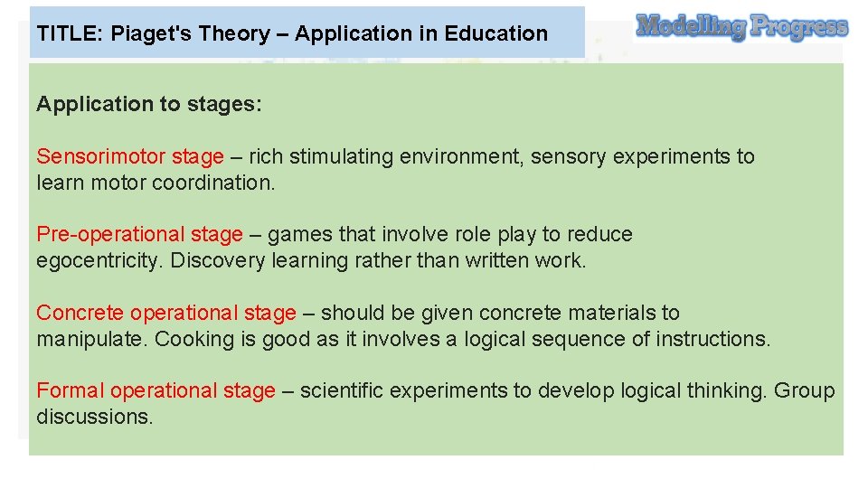 TITLE: Piaget's Theory – Application in Education Application to stages: Sensorimotor stage – rich