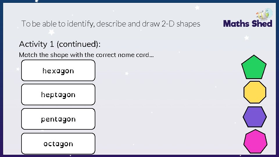 To be able to identify, describe and draw 2 -D shapes Activity 1 (continued):
