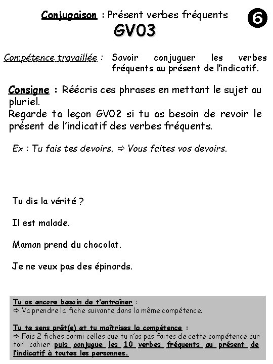 Conjugaison : Présent verbes fréquents GV 03 Compétence travaillée : Savoir conjuguer les verbes