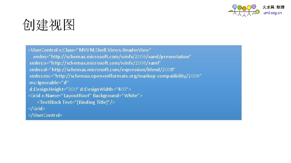 创建视图 <User. Control x: Class=”MVVM. Shell. Views. Header. View” xmlns=”http: //schemas. microsoft. com/winfx/2006/xaml/presentation” xmlns: