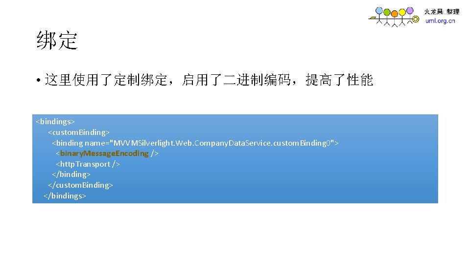 绑定 • 这里使用了定制绑定，启用了二进制编码，提高了性能 <bindings> <custom. Binding> <binding name="MVVMSilverlight. Web. Company. Data. Service. custom. Binding