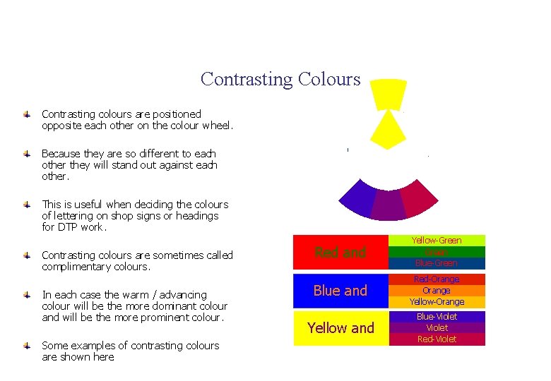 Contrasting Colours Contrasting colours are positioned opposite each other on the colour wheel. Because