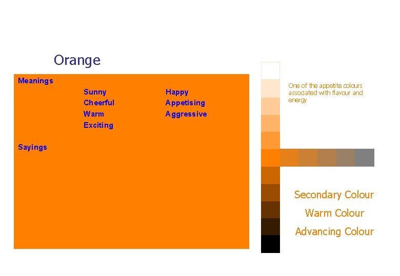 Orange Meanings Sunny Cheerful Warm Exciting Happy Appetising Aggressive One of the appetite colours