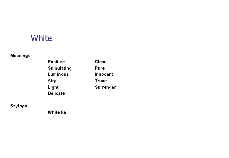 White Meanings Positive Stimulating Luminous Airy Light Delicate Sayings White lie Clean Pure Innocent