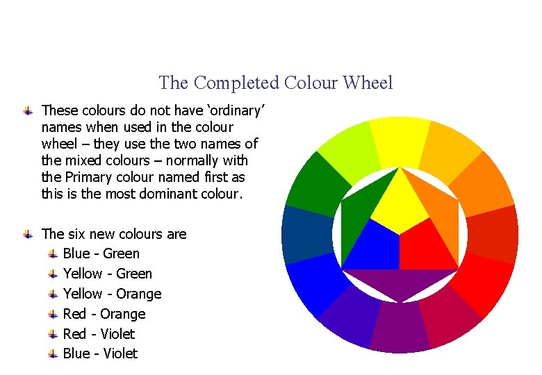 The Completed Colour Wheel These colours do not have ‘ordinary’ names when used in