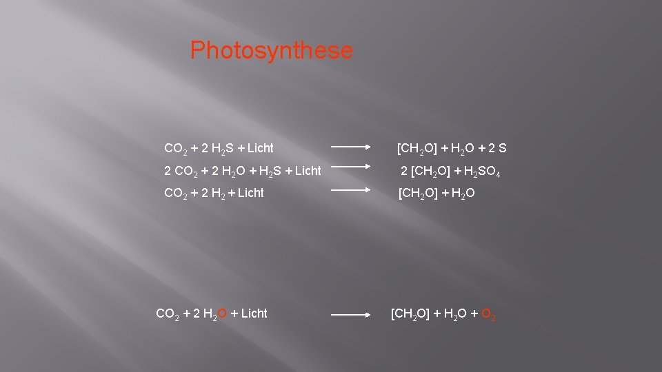 Photosynthese CO 2 + 2 H 2 S + Licht [CH 2 O] +