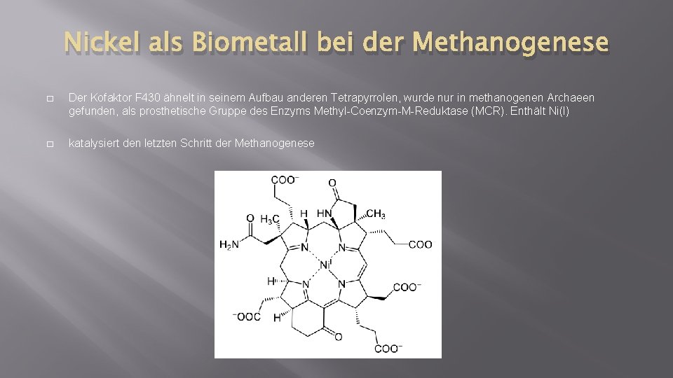 Nickel als Biometall bei der Methanogenese � Der Kofaktor F 430 ähnelt in seinem