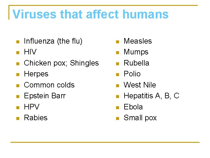 Viruses that affect humans n n n n Influenza (the flu) HIV Chicken pox;