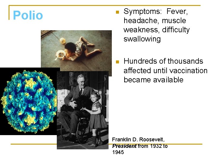 Polio n Symptoms: Fever, headache, muscle weakness, difficulty swallowing n Hundreds of thousands affected