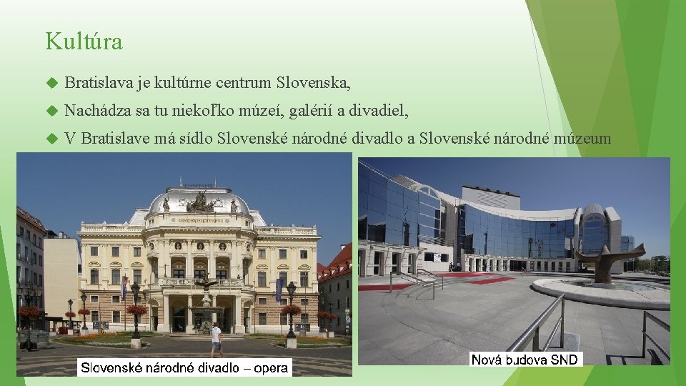 Kultúra Bratislava je kultúrne centrum Slovenska, Nachádza sa tu niekoľko múzeí, galérií a divadiel,
