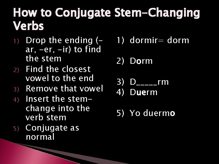 How to Conjugate Stem-Changing Verbs 1) 2) 3) 4) 5) Drop the ending (ar,