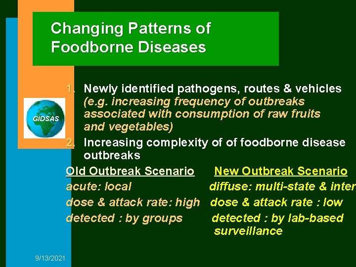 Changing Patterns of Foodborne Diseases GIDSAS 9/13/2021 1. Newly identified pathogens, routes & vehicles