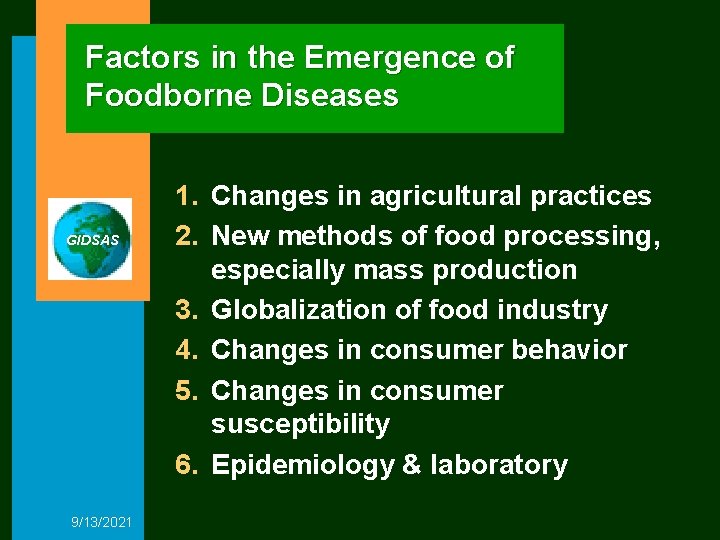 Factors in the Emergence of Foodborne Diseases GIDSAS 9/13/2021 1. Changes in agricultural practices