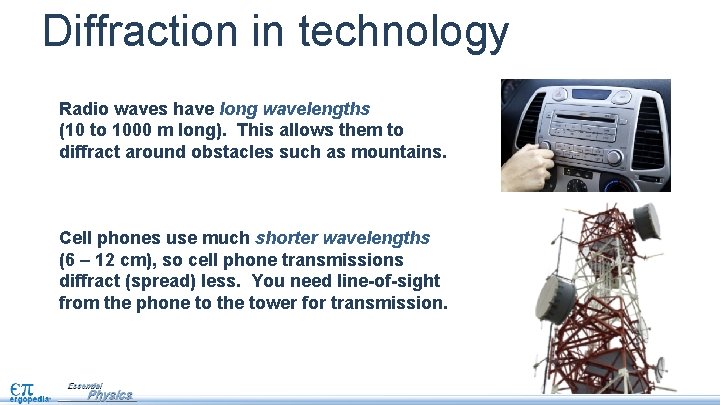 Diffraction in technology Radio waves have long wavelengths (10 to 1000 m long). This