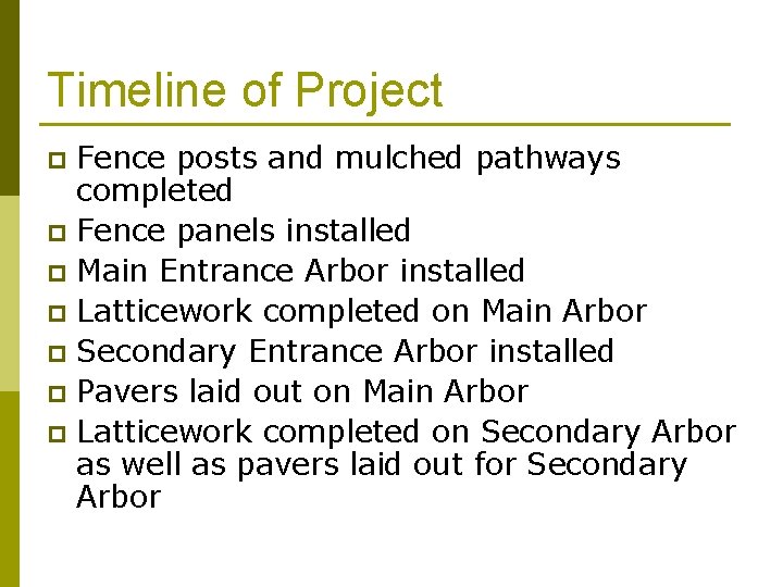 Timeline of Project Fence posts and mulched pathways completed p Fence panels installed p