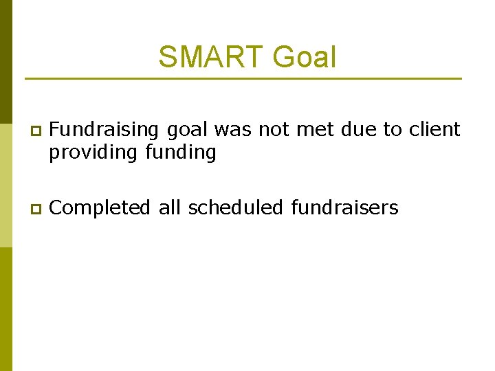 SMART Goal p Fundraising goal was not met due to client providing funding p