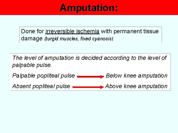 Amputation: Done for irreversible ischemia with permanent tissue damage (turgid muscles, fixed cyanosis) The