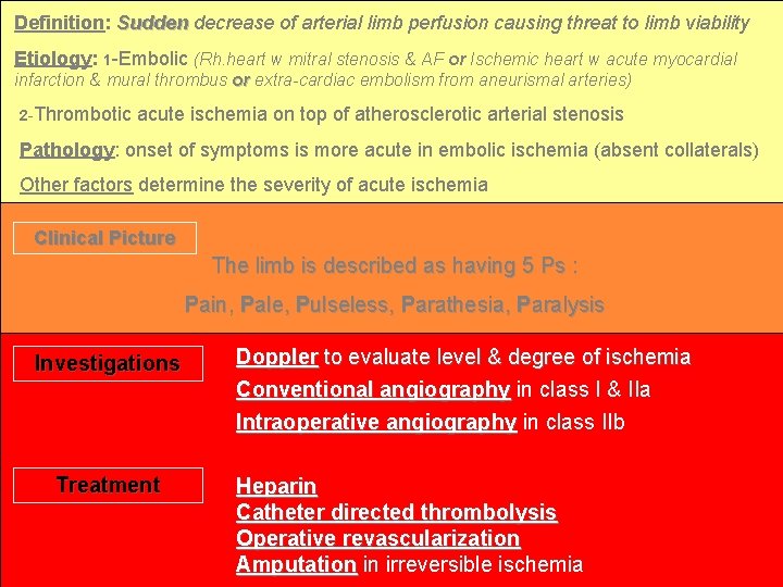 Definition: Sudden decrease of arterial limb perfusion causing threat to limb viability Etiology: 1