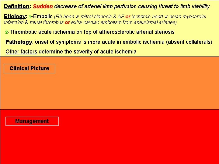 Definition: Sudden decrease of arterial limb perfusion causing threat to limb viability Etiology: 1