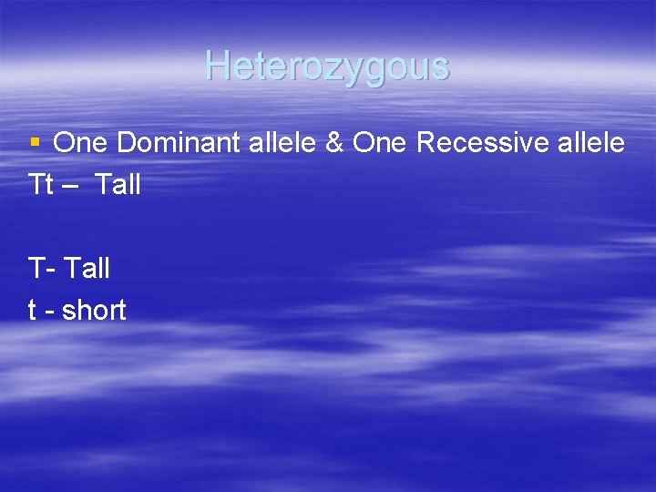 Heterozygous § One Dominant allele & One Recessive allele Tt – Tall T- Tall