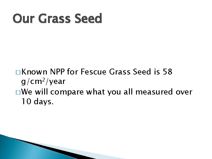 Our Grass Seed � Known NPP for Fescue Grass Seed is 58 g/cm 2/year