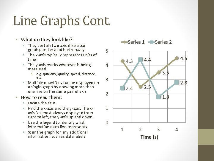 Line Graphs Cont. • What do they look like? • They contain two axis Line Graphs Cont. • What do they look like? • They contain two axis